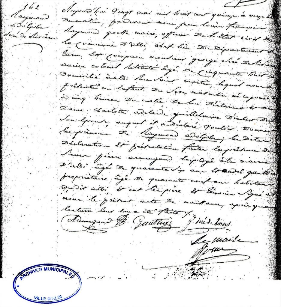 Acte de naissance du général Séré de Rivières provenant des archives de la municipalité d'Albi.