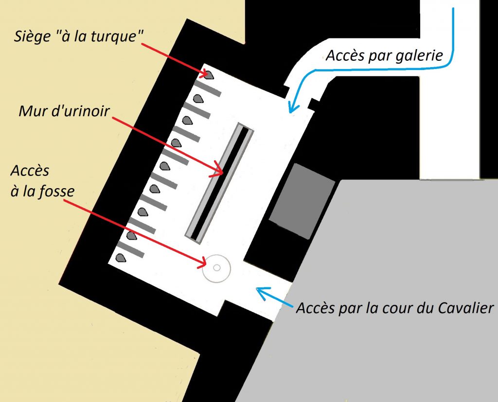 Le plan des latrines situe le mur d'urinoir et les 9 sièges à la turque séparés par une cloison.