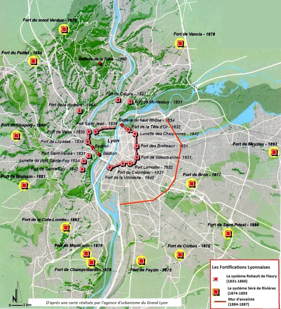 Carte de la région lyonnaise montrant les différentes fortifications de 1831 à 1887