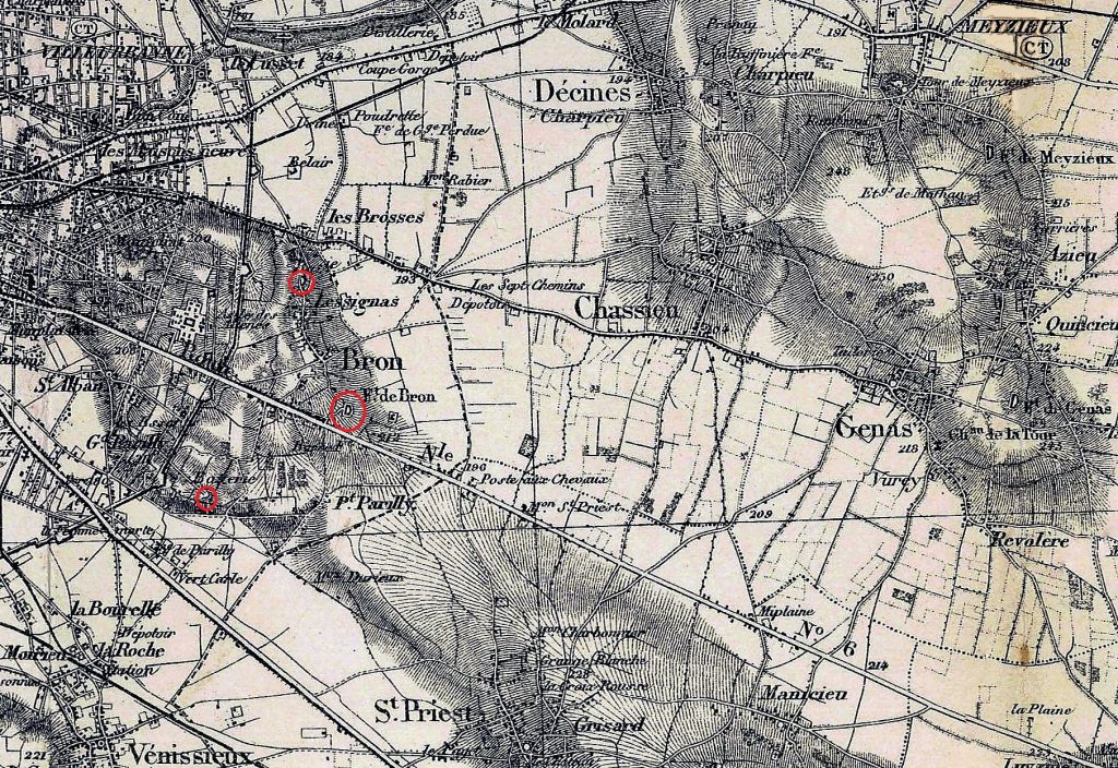 Extrait carte 1889 révisé 1902 fort de Bron et Batteries de Lessignas et Parilly