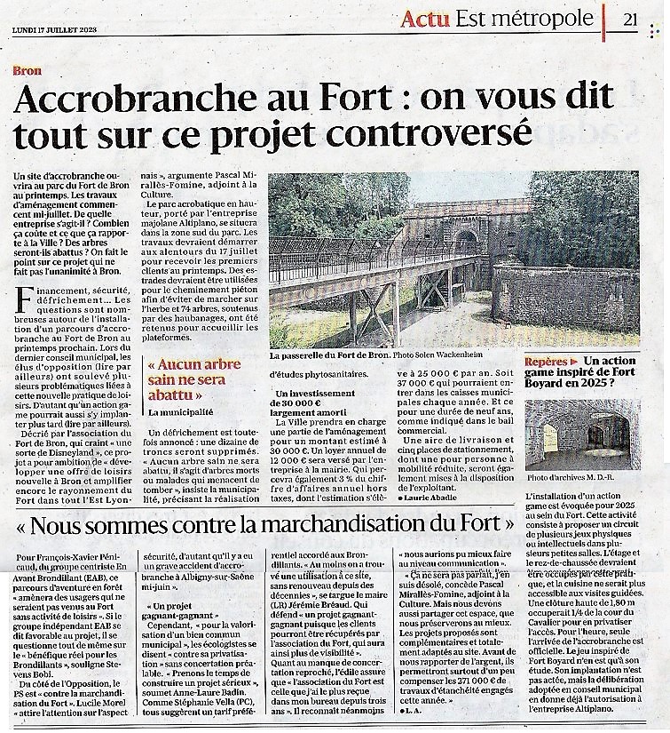 Le progrès du 17 juillet - Un projet controversé - Fort de Bron - accrobranche escape-game