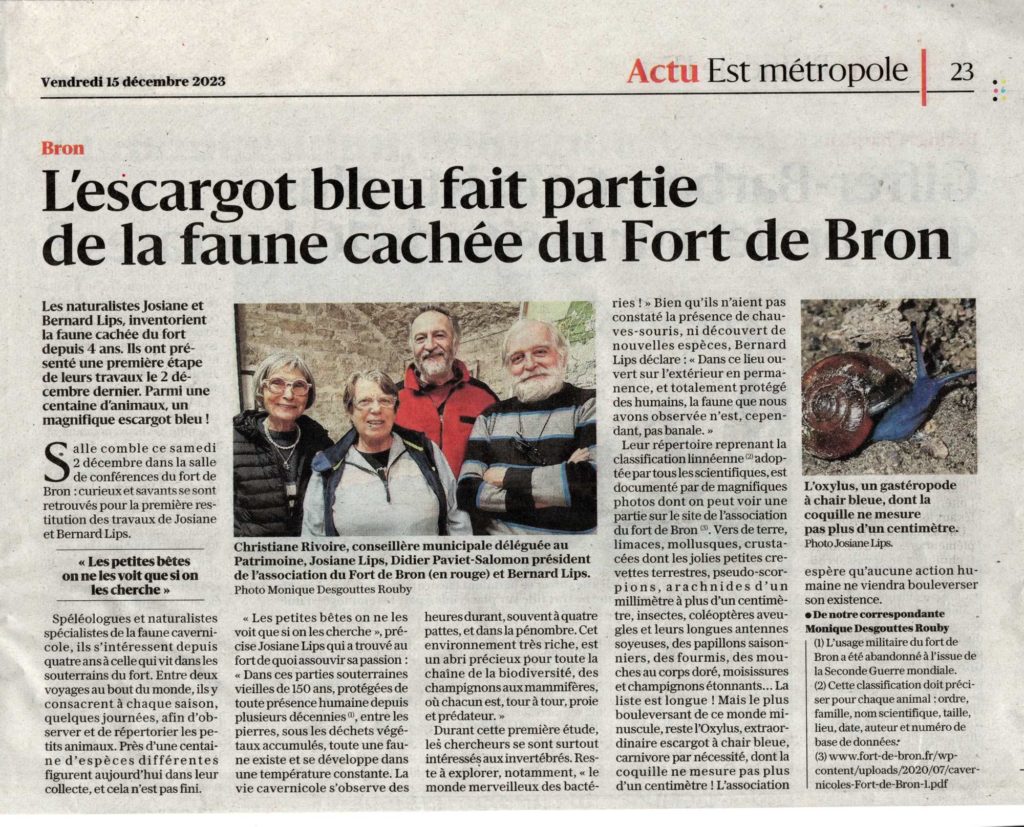 Les Conf's du Fort, un article sur la conférence sur les animaux cavernicoles des galeries souterraines du Fort de Bron.