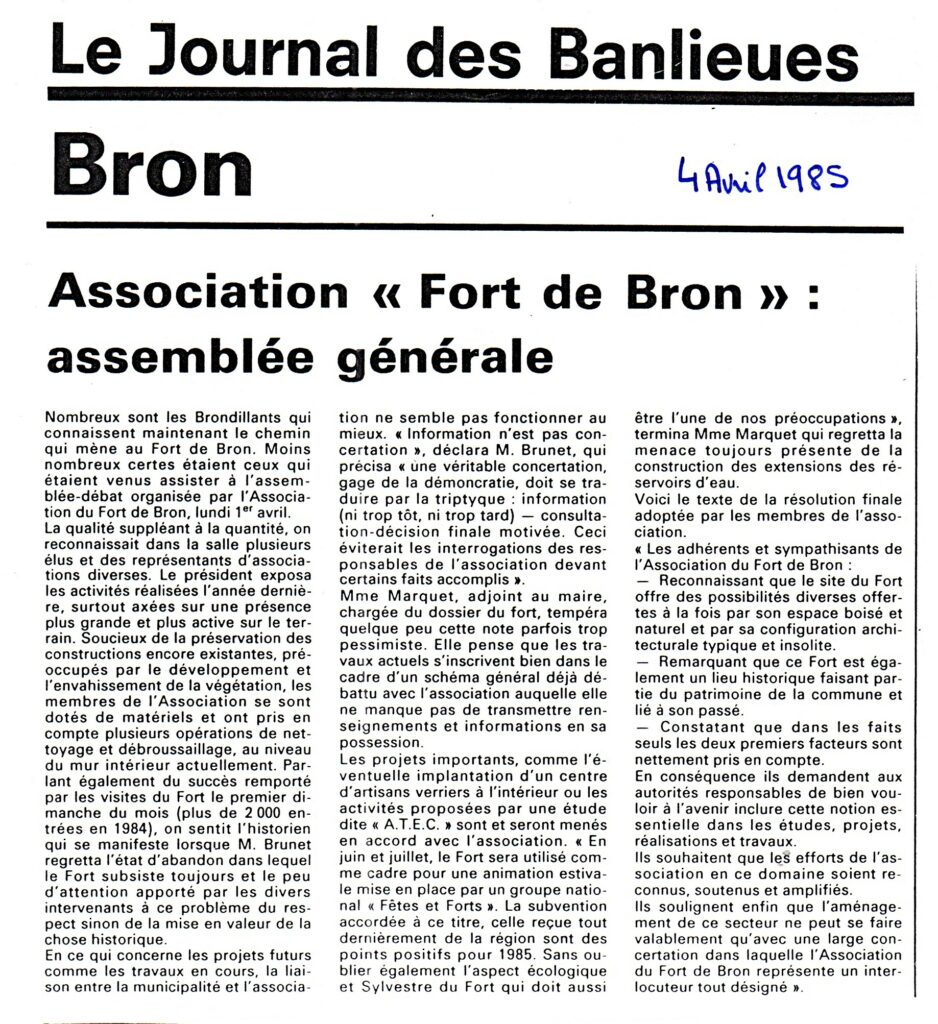 Assemblée Générale fort de Bron avril 1985